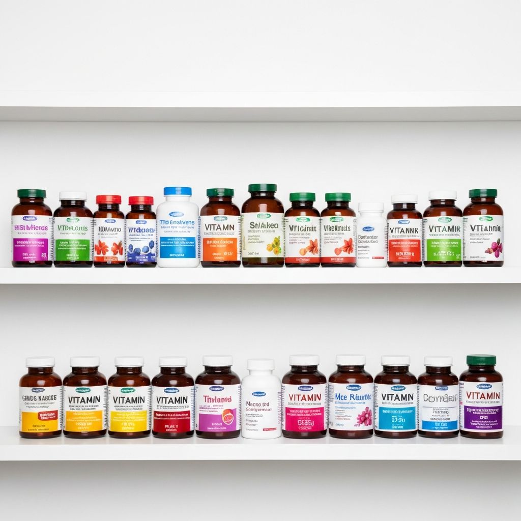 Vielfältige Vitaminflaschen auf Regal